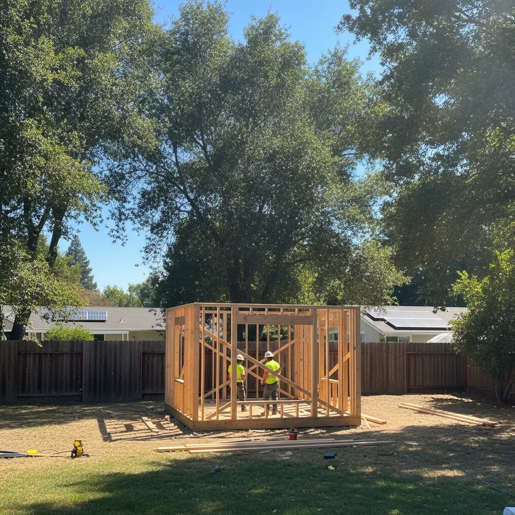 Construction crew framing an ADU structure in Santa Clara County